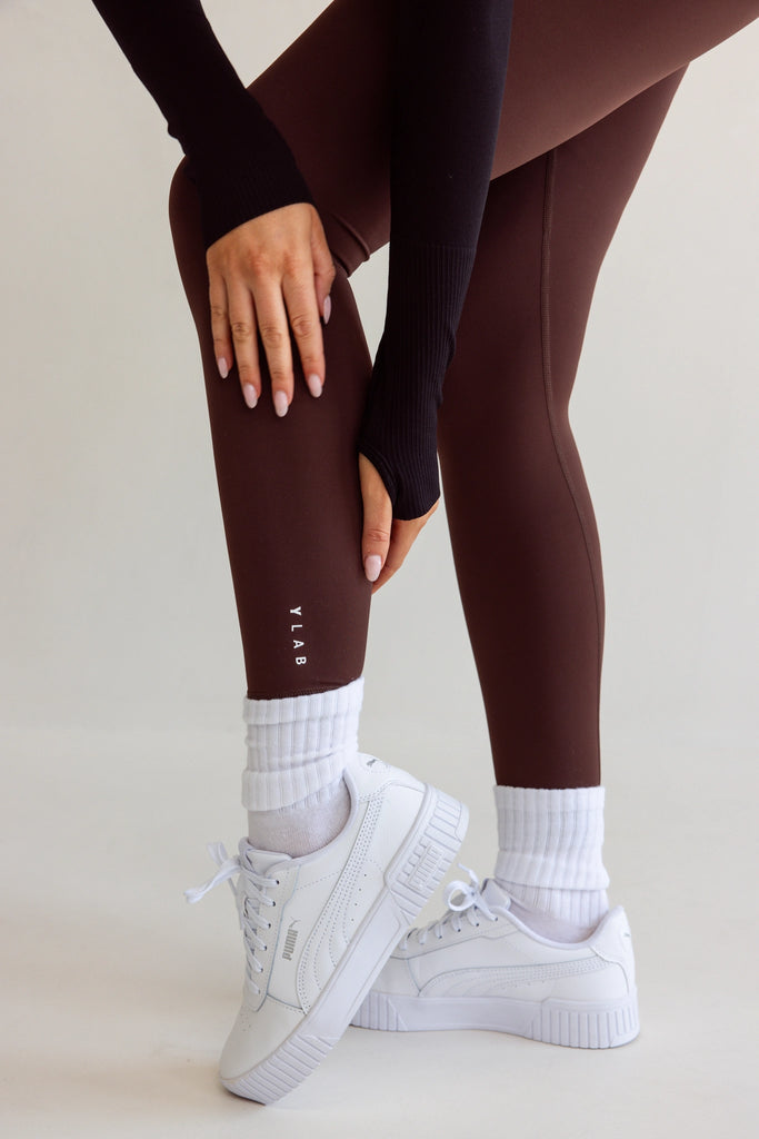 Close up of chocolate Ylab leggings